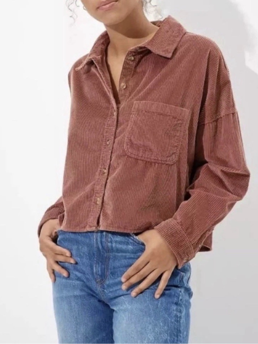 American Eagle Cropped Corduroy Shacket Top Mauve Button Down XS